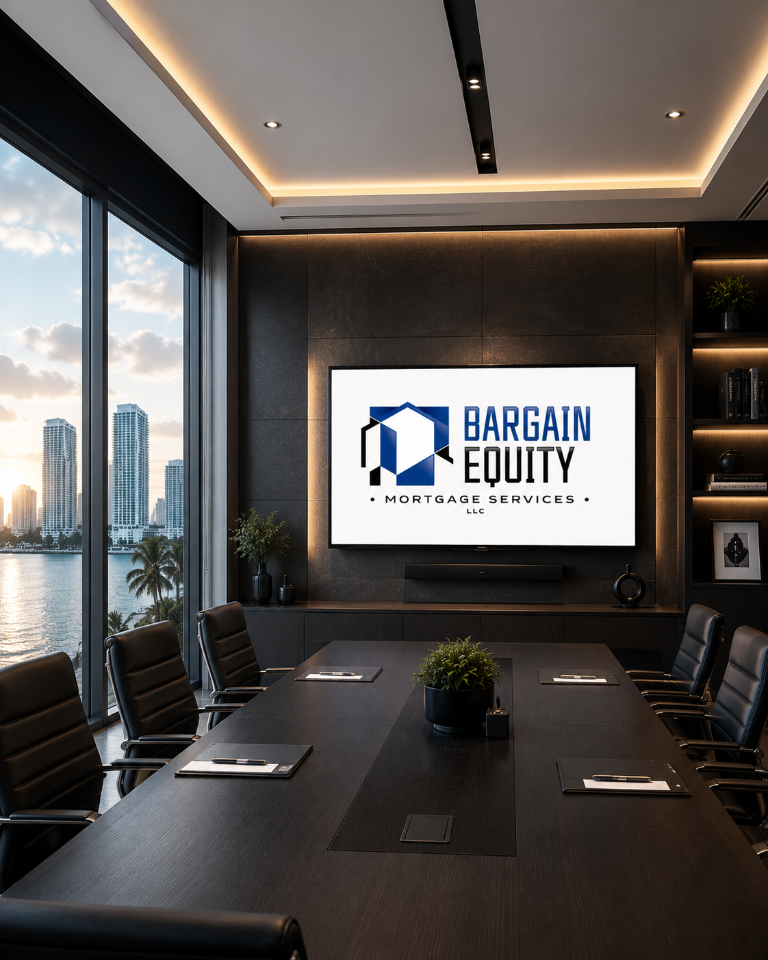 Modern conference room with city skyline view.