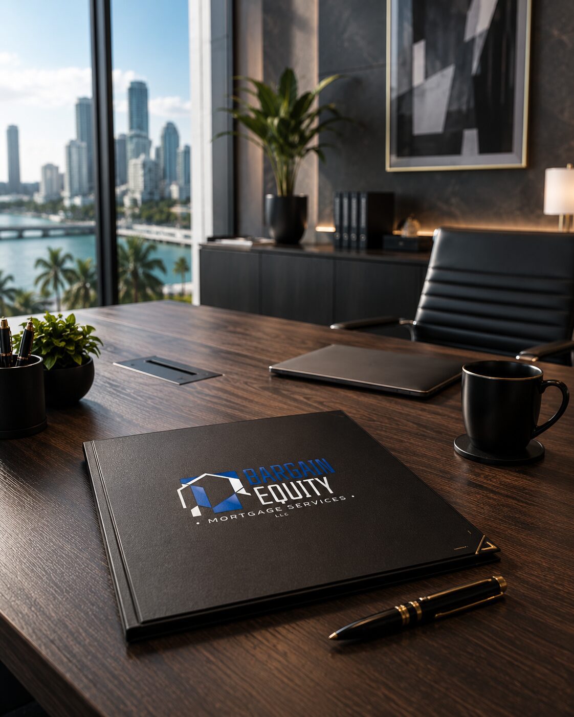 Office desk with city view and folder.